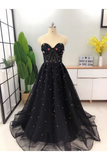 Elegant A Line Sweetheart Strapless Black Tulle Prom Dresses With STIPT11F6GE