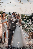 Elegant A Line V Neck Tulle Wedding Dresses with Flowers, V Back Beach Wedding Gowns STI15513