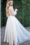 Princess Long Sleeve Lace Top Beach Wedding Dresses With Slit Tulle Ivory Wedding Gowns STI15299