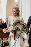 Simple Long Sleeve V Neck Chiffon Wedding Dresses, Lace V Back Beach Bridal Dresses STI15393