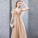 A Line V Neck Tulle Long Prom Dresses, Cheap Evening Dress with STI20488