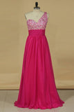 2024 Prom Dress One Shoulder Beaded Tulle Bodice Ruffled Waistline With Shirred PTAS11K9