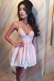 Cute Spaghetti Straps V Neck Pink Satin Homecoming Dresses with Lace Short Prom Dress STI14973