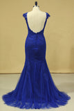 2024 Plus Size Mermaid Open Back Evening Dresses Bateau Tulle With Applique Dark Royal PCB8EF7D