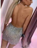 Sexy Sparkly Halter Mermaid Short Prom Dresses, Backless V neck Cocktail Dresses STI15361