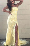 Yellow Mermaid Strapless Lace Appliques Prom Dresses with Slit, Evening STI20475