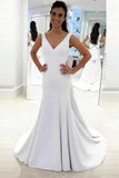 Simple Open Back V-Neck Long White Wedding Dresses P1583GTL