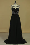 2024 Bateau With Beads And Ruffles Prom Dresses A Line Chiffon Sweep PXMY3KGL