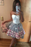 Cute Gray Strapless Tulle Homecoming Dresses with Flowers Short Sweet 16 Dresses STI14971