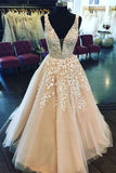 Fashion Ball Gown V Neck Prom Dresses with Appliques and Beads, Quinceanera Dresses STI15582