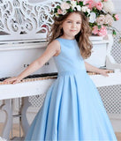 Princess A Line Sky Blue Satin Flower Girl Dresses with Bowknot, Baby Dresses STI15586