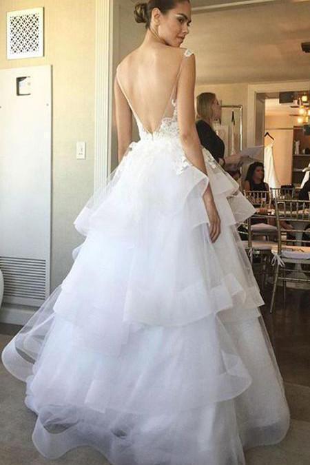 New Arrival Sexy A-Line V-Neck Sleeveless Backless White Tulle Occasion Wedding Dress