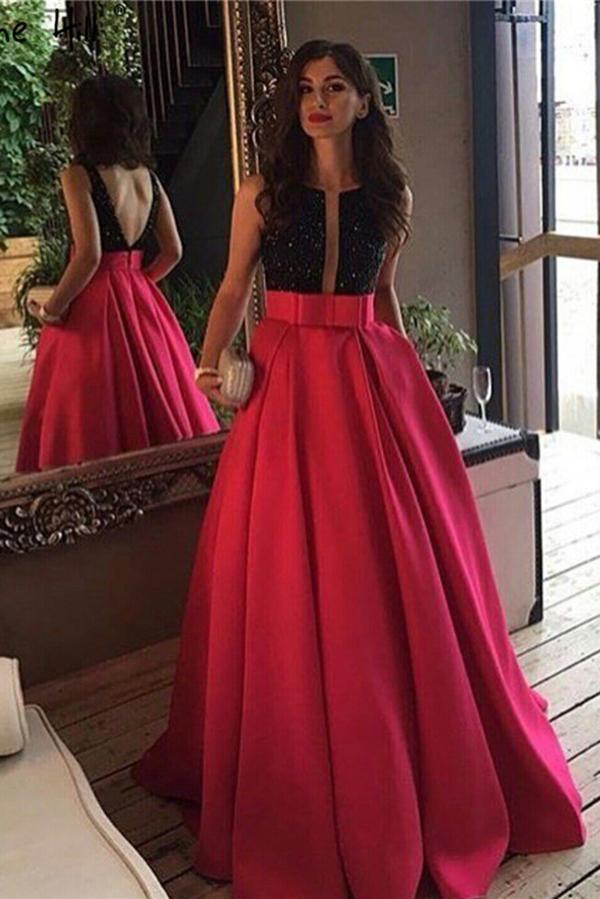 Red Open Back Beads Bowknot with Pockets Round Neck Sleeveless Prom Dresses