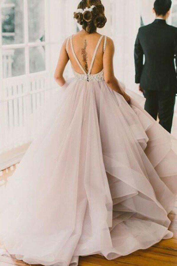 A line Scoop Neckline Organza Long Custom Affordable Open Back Wedding Dresses
