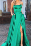 Elegant A Line Green Lace up Prom Dresses with Pockets Slit Formal Evening STI15634