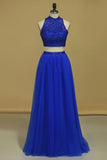 2024 Two-Piece Tulle With Beading Prom Dresses High Neck PTB5D71S