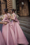 Ball Gown High Neck Satin V Neck Bridesmaid Dresses with Bowknot, Wedding Party Dress STI15559