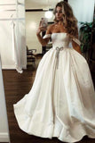 Puffy Off The Shoulder Satin Long Wedding Dresses With Pockets Simple PCXGDKKJ