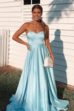 Simple A Line Sky Blue Sweetheart Satin Prom Dresses, Cheap Formal STI20442
