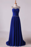 2024 Scoop Prom Dresses A Line Pleated Bodice Chiffon With Beads Dark PBTS9A1E