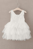Cute Round Neck White Flower Girl Dresses Open Back Tulle Wedding Party Dresses STI15136