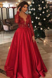 Elegant Long Sleeve Red Lace Beads Long Prom Dresses A Line Satin PNQ8TD5P