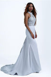 Charming Mermaid Halter Silver Sequins Prom Dresses with Appliques, Party STI20401