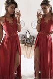 A Line Halter Lace Appliques V Neck Prom Dresses with Slit, Evening STI20454