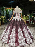 Ball Gown Off the Shoulder V Neck Satin Prom Dresses with Hand Made Flowers, Quinceanera Dress STI15064