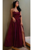 Unique A Line Burgundy Sweetheart Satin Strapless Prom Dresses, Evening STI15676