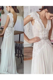 Unique V Neck Cap Sleeves Chiffon Beach Wedding Dress With Beading STIPGG9HAF7