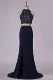 2024 Two-Piece High Neck Open Back Sheath Prom Dresses Spandex With Beads P66C1B1N