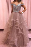 Elegant Rhinestones Layered Off the Shoulder Prom Dresses, Rose Pink Tulle Party Dresses STI15196
