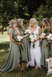Simple V Neck Green A line Bridesmaid Dresses, Cheap Wedding Party Dresses STI15599