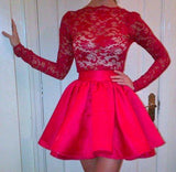 High Neckline Long Sleeves Red Lace Top Short Prom Dresses, Homecoming Dresses STI15237