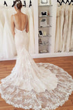 Elegant Spaghetti Straps Mermaid V Neck Lace Wedding Dresses Beach Bridal Dresses STI15202
