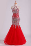 2024 Red Spaghetti Straps Dark Royal Blue Prom Dresses Mermaid Tulle Beaded Bodice P1EMK6XG