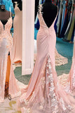 Unique Mermaid V Neck Spaghetti Straps Pink Prom Dresses, Cheap Party Dress STI15605