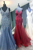 Elegant Mermaid V Neck Straps Tulle Long Prom Dresses Cheap Evening Dresses STI14975