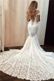 Sexy Off the Shoulder Lace Mermaid Ivory Wedding Dresses, Long Bridal Dresses STI15344