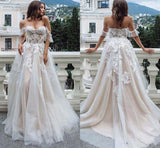 Princess A Line Off the Shoulder Sweetheart Beach Wedding Dresses with Appliques STI15585