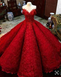 Ball Gown Red V Neck Long Off the Shoulder Prom Dresses, Quinceanera Dresses STI15563
