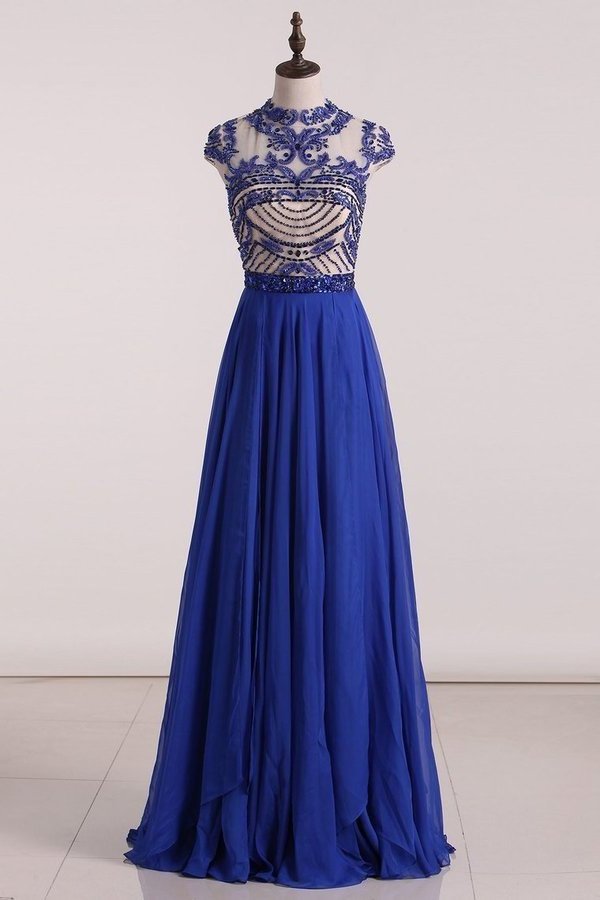 2024 Scoop Prom Dresses Chiffon A Line With Beading Cap PMTLPSRZ