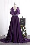 2024 V Neck Prom Dresses A Line Chiffon & Lace With Beads P3G4FG2H