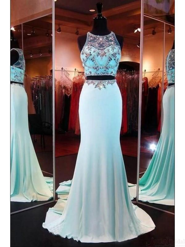 Two Pieces Beading Bodice Long Satin Prom Dresses Evening Dresses