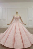 Elegant Ball Gown Pink Long Sleeves Appliques Prom Dresses, Quinceanera STI20482
