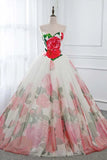 Ball Gown Floral Satin Long Tulle Evening Dresses with Lace up, Sweetheart Red Prom Dresses STI15057