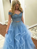 Blue Off the Shoulder Two Pieces Tulle Beads Prom Dresses with Lace Appliques STI15500