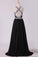 2022 Black Prom Dresses A Line Chiffon With Beads And Slit Cross PAX85XMY