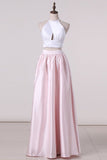 2024 Bicolor Prom Dresses Halter Two-Piece Satin A Line PZBL8YPH